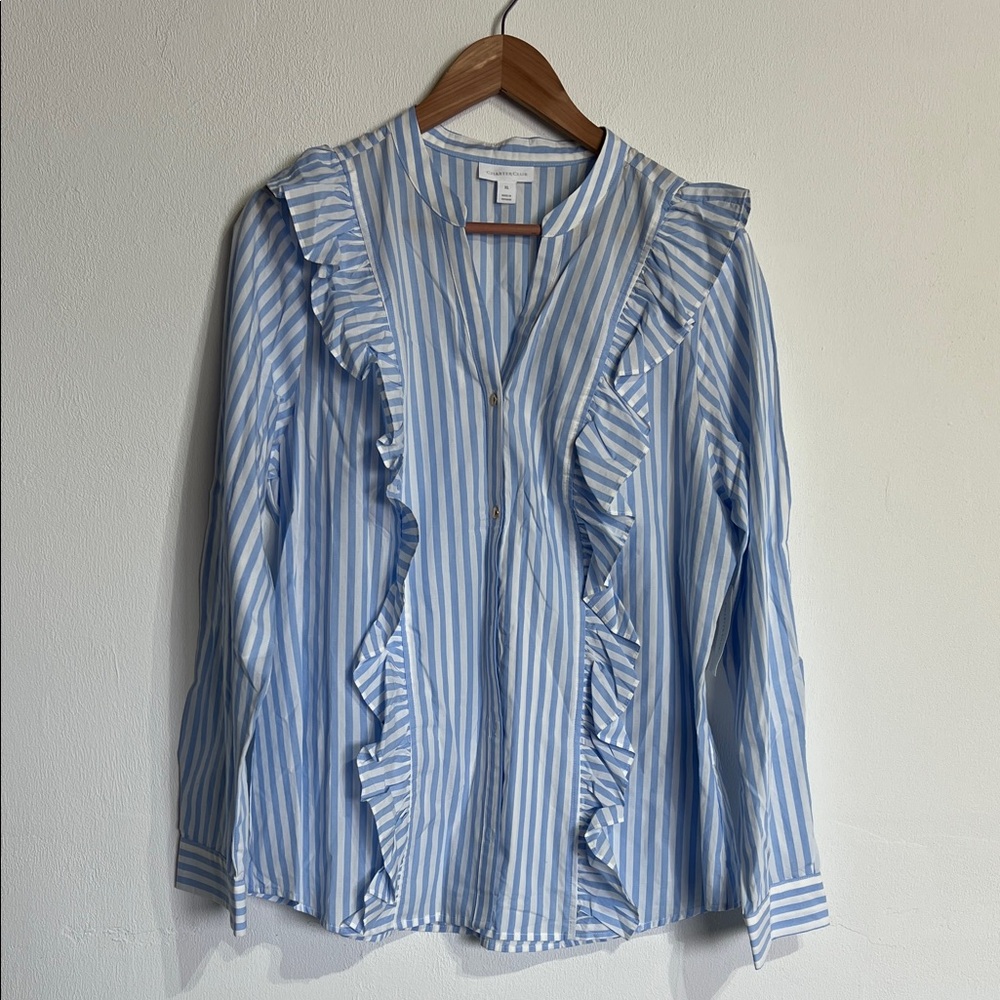 Charter Club Light Blue Striped Ruffle Blouse